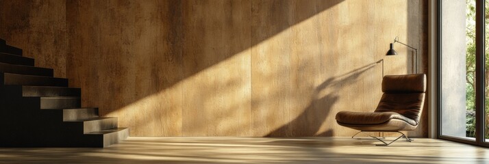 Modern Living Room Interior Design with Leather Chair  Wooden Wall  Stairs  and Sunbeams