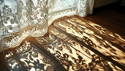 Lace Curtain Casting Intricate Shadows on Wooden Floor
