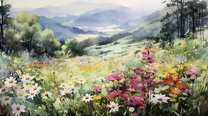 Obraz premium On a sunny spring day, the flutter of flowers blooming in the hillsides