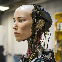 Fototapeta premium Realistic female robot head with exposed wiring and tech parts