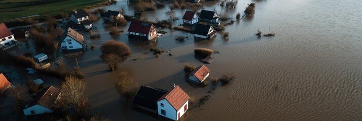 Obraz premium Aerial view of a landscape severely affected by flooding, depicting partially submerged houses and trees, highlighting nature's impact and the need for climate awareness.
