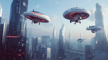 Fototapeta premium A futuristic city skyline with people flying through the air on large, sleek drones, effortlessly navigating between skyscrapers