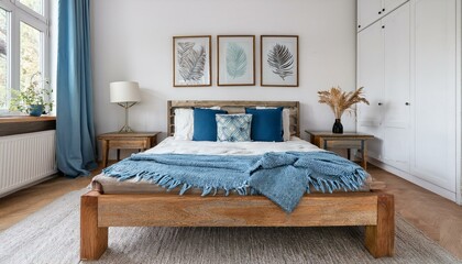 Rustic wooden bed with blue pillows and two bedside cabinets against white wall with three posters frames. Farmhouse interior design of modern bedroom.
