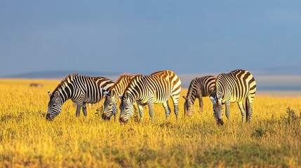 Obraz premium A herd of zebras grazing on a golden field of grass under a blue sky.