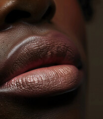 Fototapeta premium Close-up of lips with matte red, pink, purple, brown lipstick highlighting its soft texture and natural shine. Texture of female lips.