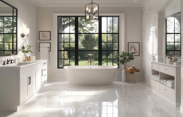 A large, spacious bathroom with marble floors and walls in a white color. The focal point is an elegant freestanding bathtub beside a modern double vanity sink