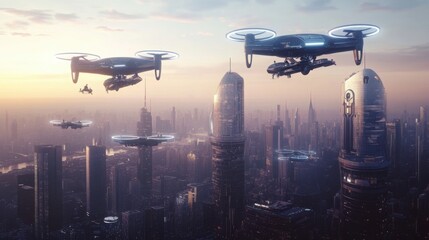 Naklejka premium A futuristic city skyline with people flying through the air on large, sleek drones