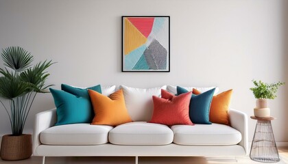 Scandinavian interior design of modern living room, home. Colorful vibrant pillows on white sofa against wall with art poster frame.