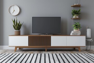 Stylish White and Walnut Modern TV Stand with Open Slatted Doors in Minimalist Room