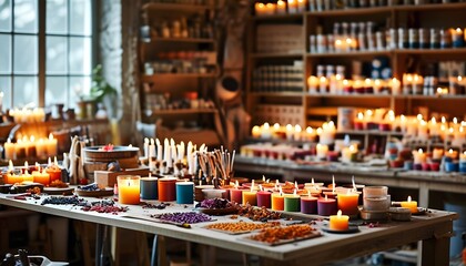 A cozy candle-making studio filled with various waxes, scents, and molds