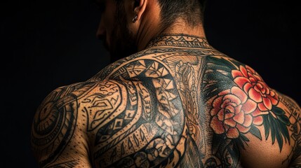 Tattoo art on human skin, showcasing detailed tribal designs with bold lines and symbolic imagery across various parts of the body.