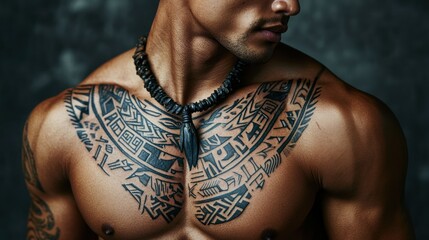 Tattoo art on human skin, showcasing detailed tribal designs with bold lines and symbolic imagery across various parts of the body.