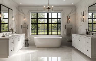 A large, spacious bathroom with marble floors and walls in a white color. The focal point is an elegant freestanding bathtub beside a modern double vanity sink