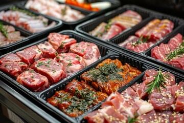 Obraz premium Neatly Arranged Fresh Pork Cutlets with Herbs in Black Containers at Supermarket