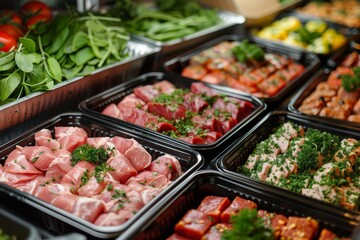 Neatly Arranged Fresh Pork Cutlets with Herbs in Black Containers at Supermarket