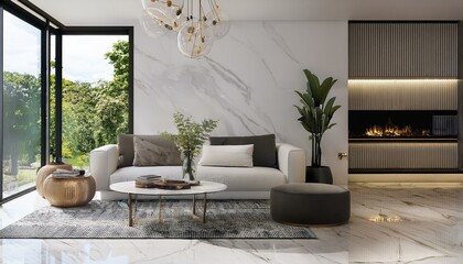 Naklejka premium Spacious minimalist home interior design of modern living room with marble tiled floor.