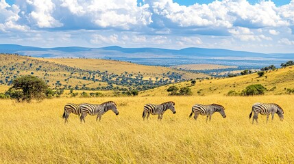 Obraz premium A herd of zebras graze in a golden savanna with a rolling hillside in the background.