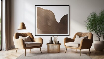 Two armchairs in room with white wall and big frame poster on it. Scandinavian style interior design of modern living room. Created with generative AI