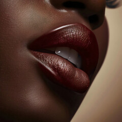 Close-up of lips with matte red, pink, purple, brown lipstick highlighting its soft texture and natural shine. Texture of female lips.