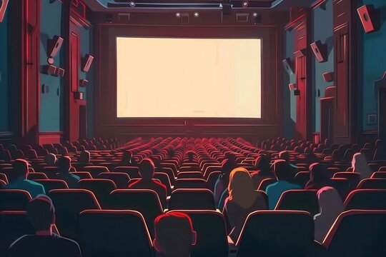 Audience members relax in comfy seats while immersed in an exciting film at a local movie theater on a Saturday night. Generative AI