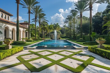 Fototapeta premium Beautiful Backyard with Pool, Fountains, and Palm Trees in Miami Style Landscape Design