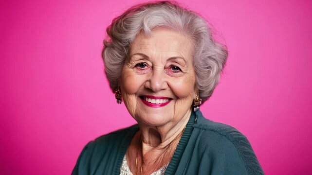 A lively elderly woman shares her joyful memories against a vibrant pink backdrop during a community storytelling event