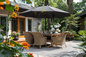 Fototapeta premium Stylish black and white outdoor dining set with umbrella on a grey striped rug, surrounded by plants and flowers in the sunlight.