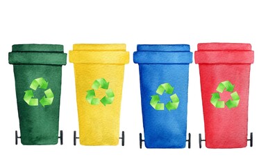 Waste separation bins with recycling symbol on a white background. Watercolor illustration of trash cans for articles, poster, cards, flyer