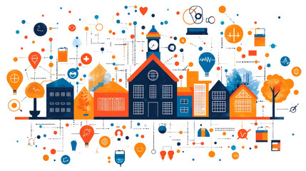Fototapeta premium Colorful illustration of a community with health icons.