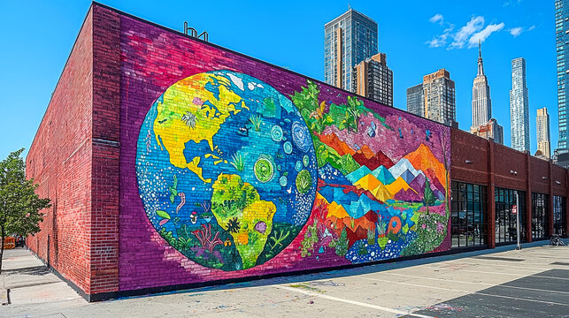 Colorful mural depicting the Earth on the side of a brick building in an urban setting.