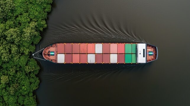 Aerial view of a cargo ship navigating through a river, surrounded by lush greenery, showcasing vibrant containers on its deck.