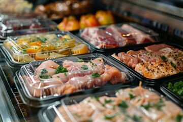 Close-up of Raw Chicken and Pork Cutlets in Plastic Containers at Butcher's Counter