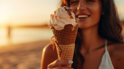 a girl eats ice cream in a cone on the beach. a girl goes with an ice cream cone on the beach. close-up of lips with chocolate ice cream. hot summer