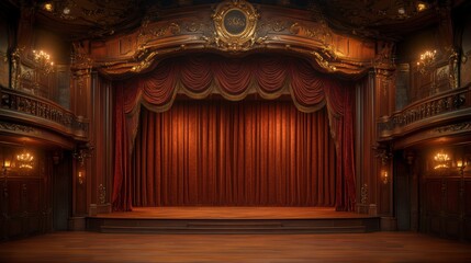  old-fashioned theater stage with heavy, richly colored velvet curtains fully closed