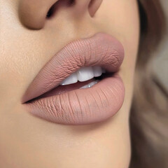 Fototapeta premium Close-up of lips with matte red, pink, purple, brown lipstick highlighting its soft texture and natural shine. Texture of female lips.