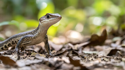 Naklejka premium A vibrant lizard explores the forest floor during a sunny afternoon in nature