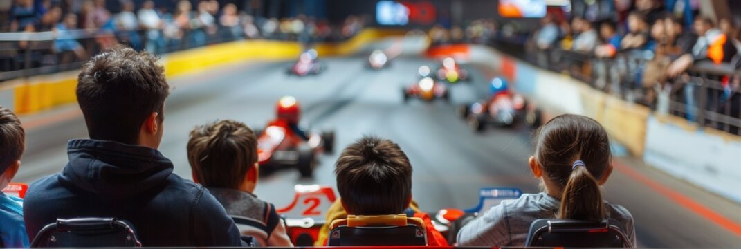 Go-kart racers speed around the track as excited spectators watch, cheering for their favorite drivers in the lively venue. Generative AI