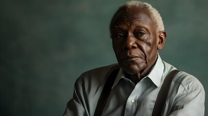 Fototapeta premium Portrait shot of a thoughtful elderly African American man dressed in a crisp collared shirt and suspenders with lighting studio on a plain sage green background leaving copy space above the subject