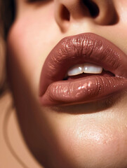Close-up of lips with matte red, pink, purple, brown lipstick highlighting its soft texture and natural shine. Texture of female lips.