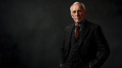 Fototapeta premium Portrait of a Stern and Seasoned Caucasian Businessman Dressed in a Tailored Three Piece Suit Posing Against a Charcoal Studio Background with Dramatic Lighting