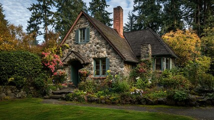A charming stone cottage with a lush green lawn, surrounded by vibrant autumn foliage and flowers.
