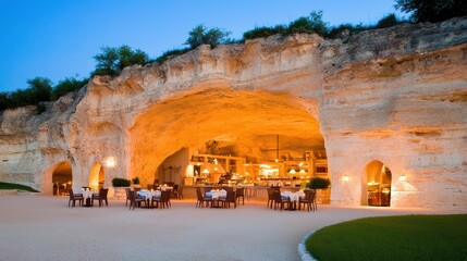 A beautiful cave restaurant illuminated at dusk, offering a unique dining experience in a natural setting.