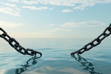 Fototapeta premium Broken Metal Chain Over Calm Ocean Water Concept of Freedom and Liberation from Constraints