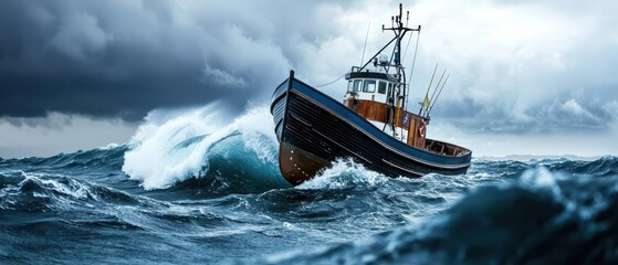 Obraz premium A classic fishing boat battling stormy waves under dark clouds.