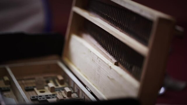 The internal mechanism of the harmonium, a famous Indian classical instrument, Closeup Shot, inside of harmonium