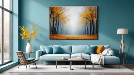 Japandi, minimalist interior design of modern colorful sofa chair in living room