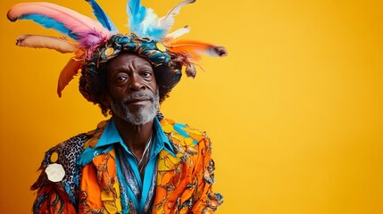 Obraz premium Captivating Portrait of a Middle Aged African Man in Whimsical Fantasy Costume The man is dressed in a colorful vibrant and fantastical outfit with a striking headdress