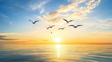 A flock of seagulls flies against a beautiful sunset over the ocean.