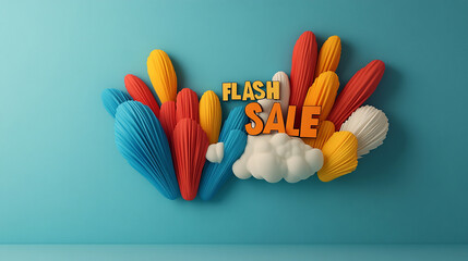 Colorful 3D geometric shapes and clouds with FLASH SALE text on blue background.