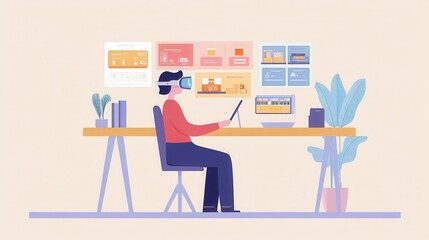 A person sitting at a desk, using augmented reality glasses to browse through a virtual shopping platform